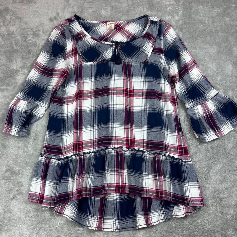 Arizona Jean Co Girls XL 16 Plaid Peasant Tunic Top Tassel Bell Sleeve Ruffle